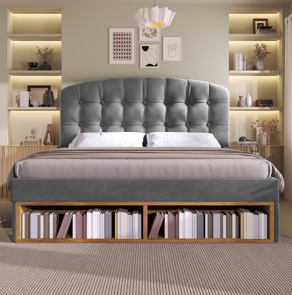 MEUNIQ tweepersoons gestoffeerd bed 140x190 cm met verstelbaar hoofdbord, lattenbodem, lades en open opbergruimte, fluwelen bedframe voor slaapkamer, grijs