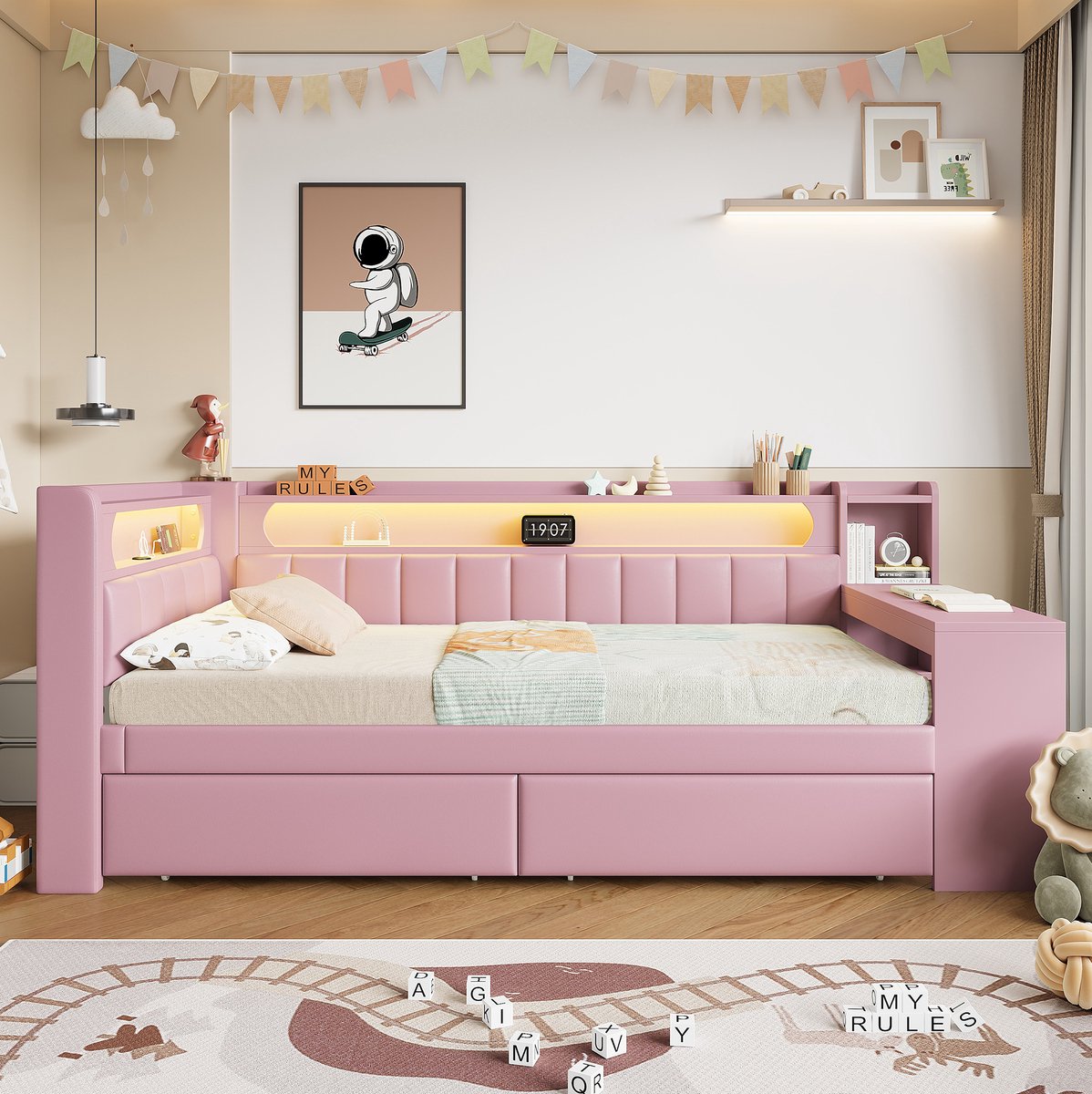 MEUNIQ Bedbank 90x200 cm met USB, LED-verlichting, bureau, open opbergruimte en 2 lades, gestoffeerd bedframe voor slaapkamer, roze