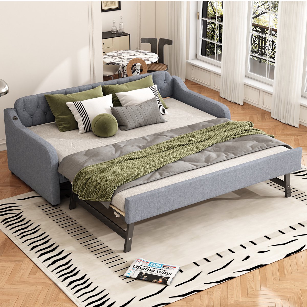 MEUNIQ slaapbank 90x200 cm met uitschuifbaar rolbed en USB-aansluiting, bedbank met lattenbodem voor slaapkamer of logeerkamer, grijs