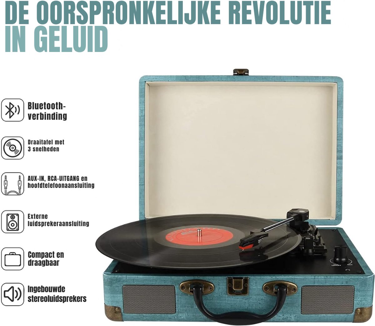Ploutos® Platenspeler Bluetooth - Retro Platenspeler in Koffer – Complete Set met Speakers - Blauw - 36cm x 26cm x 116cm — cadeau in Games, Films & Muziek - foto 6