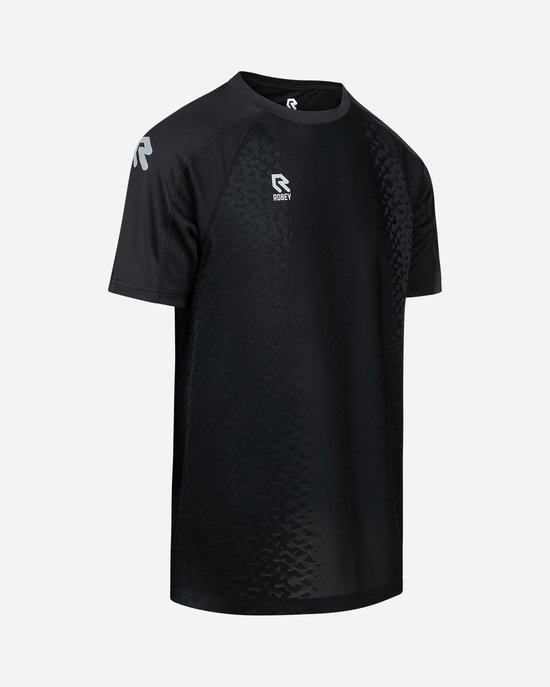 Zwarte Robey sportshirt met logo op de borst en patroon op de rug.