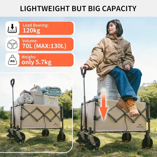 Opvouwbare Festivalwagen - Strandkar Tuinwagen - Buitenactiviteiten Vervoer - 120kg Draagvermogen - 140 Liter Capaciteit - Bruin — afbeelding 5