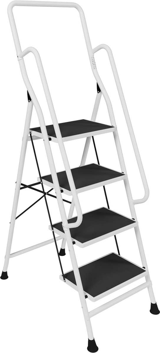 Opvouwbare Ladder - Huishoudtrap Met Leuning - Klus Klussen Thuis - Extra Brede Antislip Treden - 4 Treden - Zilver