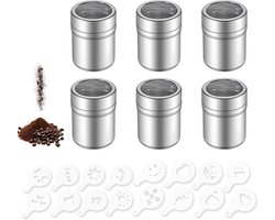 6 stuks roestvrijstalen strooiers voor poedersuiker en cacao, ideaal voor cappuccino, desserts en bakgerechten met draaisluiting en handige deksel