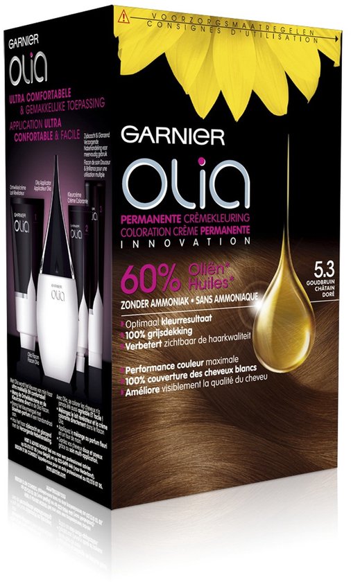 Coloration permanente Garnier Olia châtain clair doré 5.3. Contient: crème révélatrice, crème colorante, après-traitement. Avec tournesol.