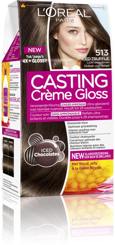 Verpakking L'Oréal Casting Crème Gloss 513 Iced Truffle. Glanzend bruin haar op de doos.