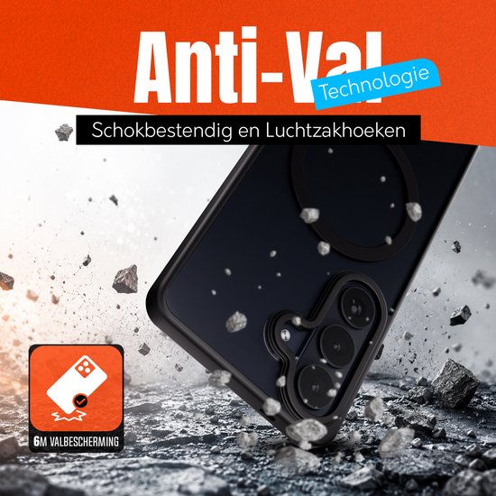 Zwarte telefoonhoes valt op steenground. Tekst: "Anti-Val Technologie" en "6M VALBESCHERMING".
