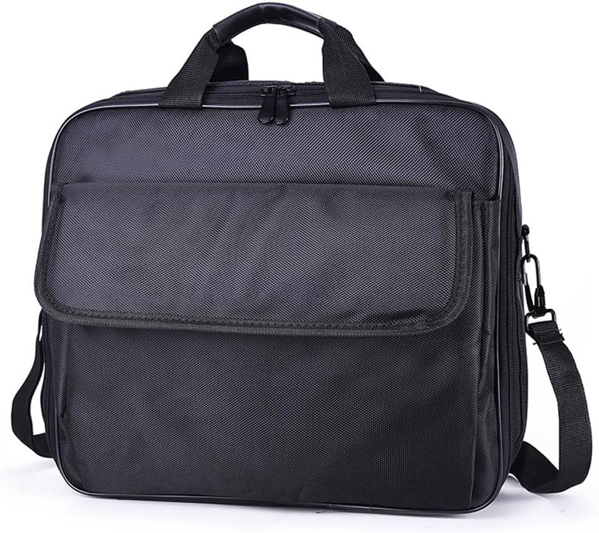 Zwarte ruime projector opbergtas afmetingen 36x32x13 cm, waterafstotend oxford doek met meerdere opbergvakken, handgreep en afneembare schouderriem voor grote projectoren en accessoires