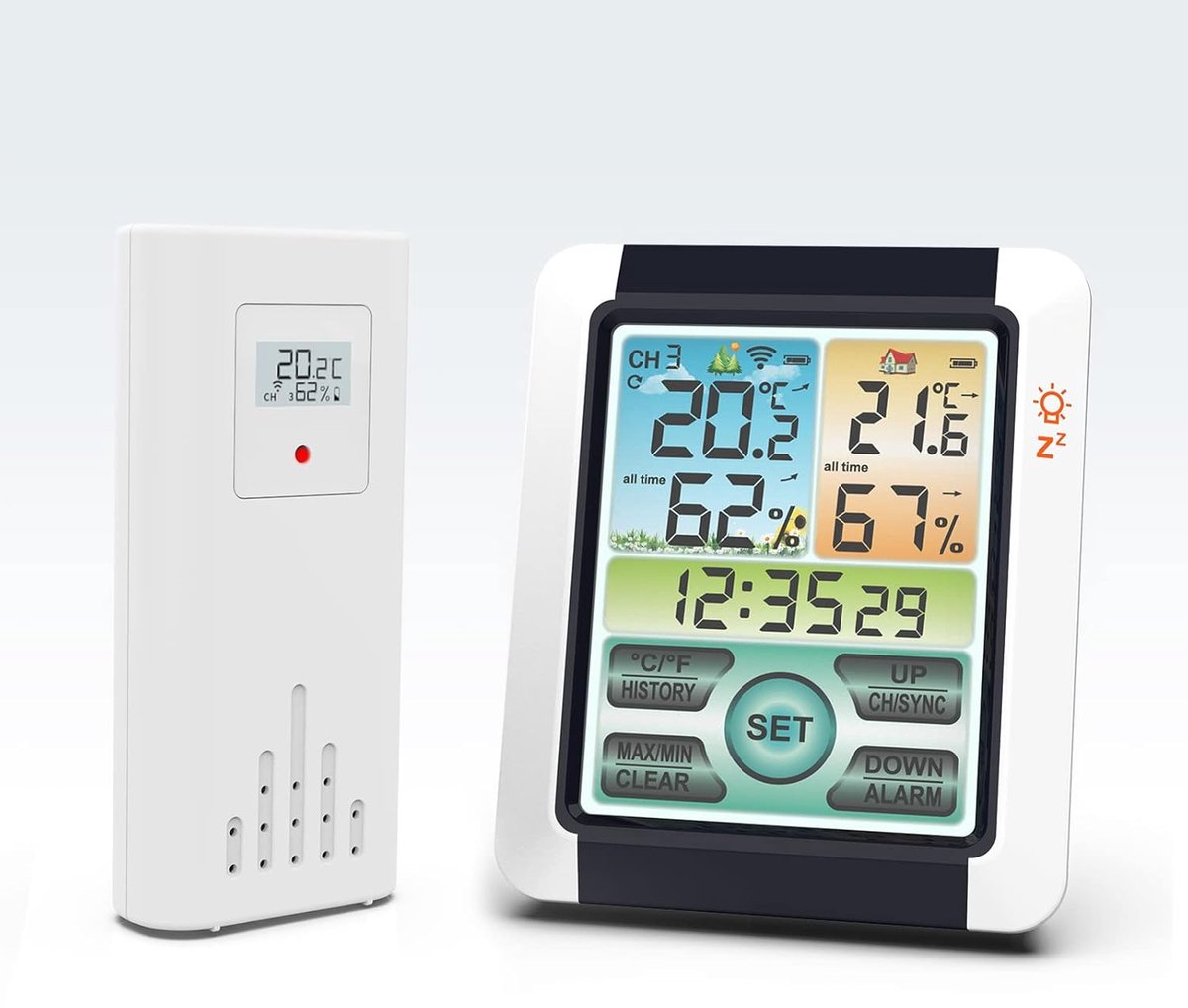 Temperatuur Luchtvochtigheidsmeter - Weerstation Binnen Buiten - Huis Klimaat Monitoren - Kleurenscherm Achtergrondverlichting - 15 x 13.5 x 3.3 cm