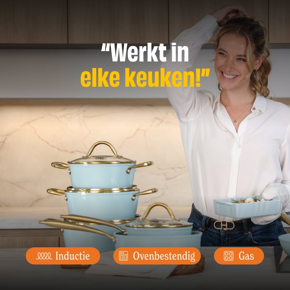 Cook & Pan Ocean Blue Pannenset 9-delig PFAS vrij - Blauw met Gouden Handgrepen - Alle Warmtebronnen - Krasbestendige Anti Aanbaklaag - Vaatwasserbestendig - Gas, Inductie, Elektrisch, Oven - Pannen set - Koekenpan Wokpan Steelpan Hapjespan Kookpot – foto 4