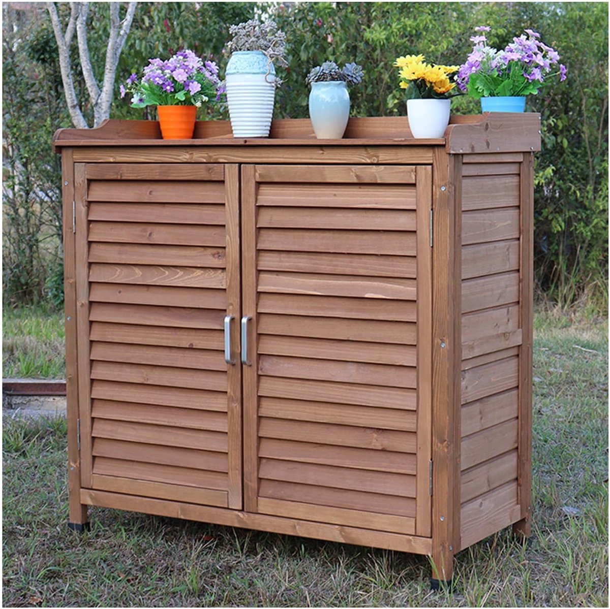 Tuinkast Hout - Opbergkast Buiten - Tuinspullen Opbergen - Waterdicht Dak - 96.5 cm Breed - Bruin