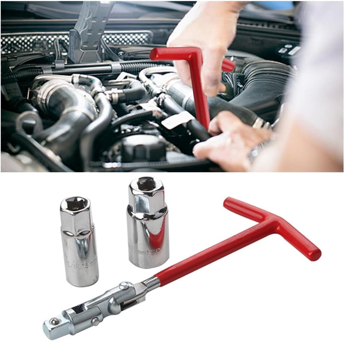 Bougiesleutel - T-greep gereedschap - Motoronderhoud - Dubbele maatvoering - 16 en 21 mm - Rood/Zilver