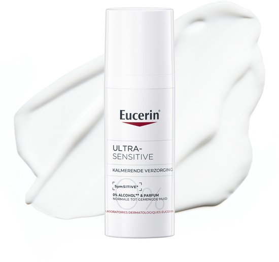 Eucerin Ultra Sensitive kalmerende verzorging met witte crème vlekken op de achtergrond.