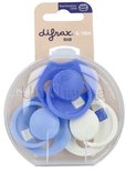 Difrax LOVI fopspenen 6-18m in blauw en wit in een ronde sterilisatiebox. Tekst: 'difrax', 'lovi', '6-18m', 'Prime', 'sterilization case'.