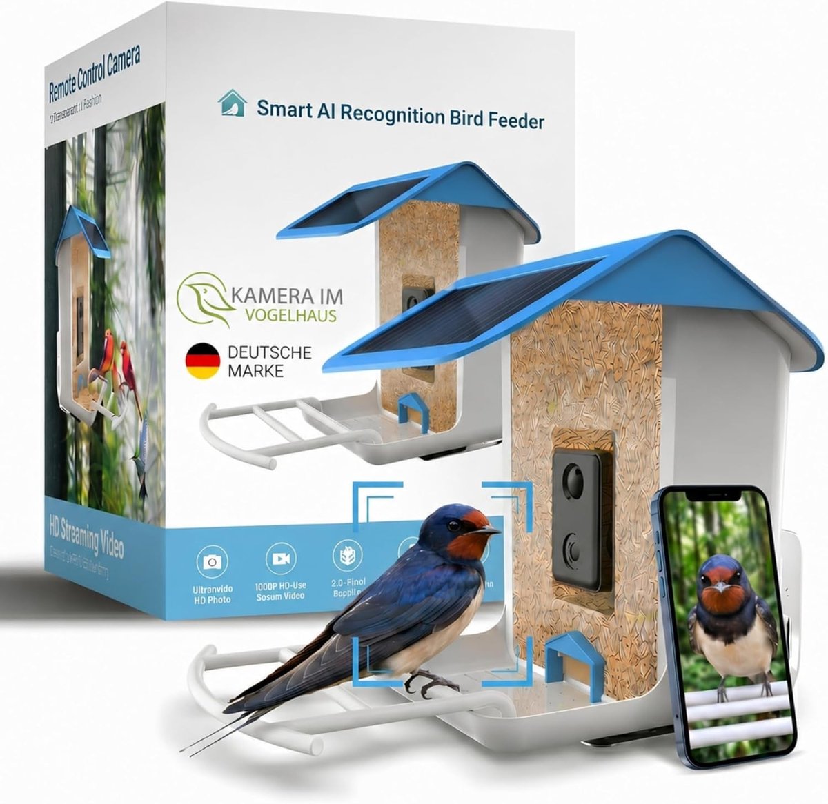 Slimme Vogelvoederdispenser - Houten Constructie - Wifi-camera - Zonne-energie - Voor Vogelliefhebbers