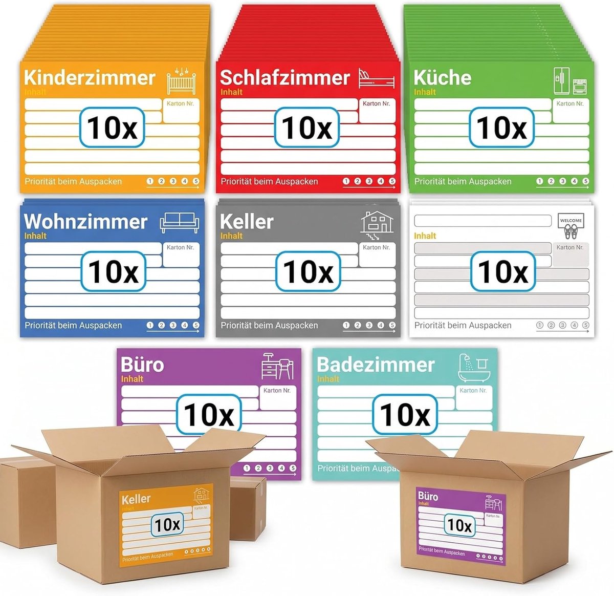 Verhuisdozen Stickers - Etiketten Beschrijven - Verhuizing Organiseren - XL Formaat Zelfklevend - 80 Stuks - Meerkleurig