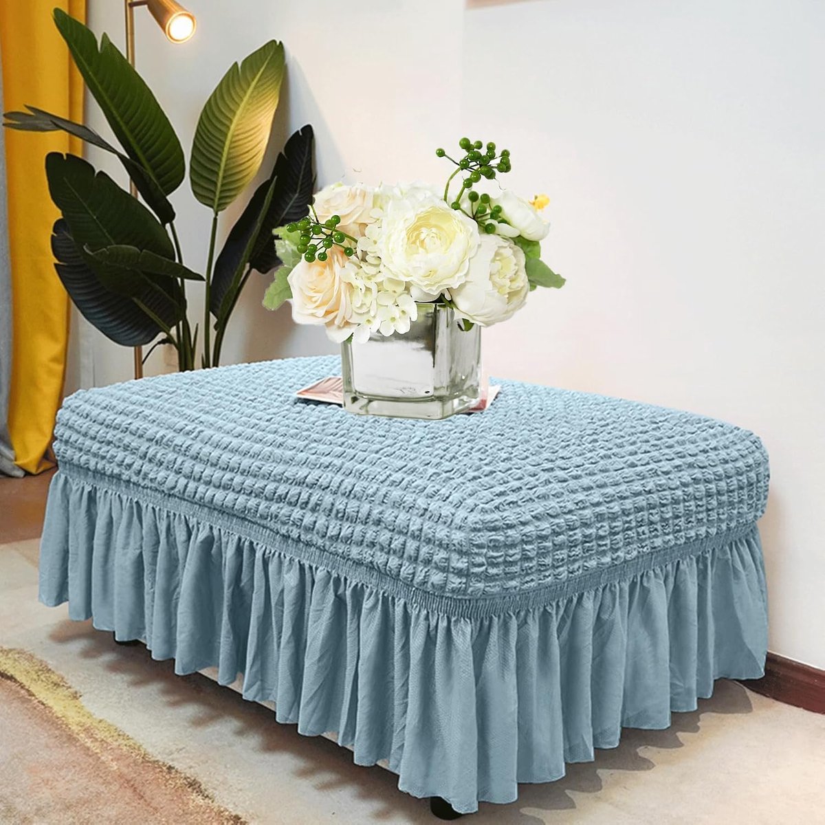 Voetenbank hoes - Ottomaanse kruk cover - Woonkamer decoratie - Met rok ontwerp - Universele maat - Lichtblauw