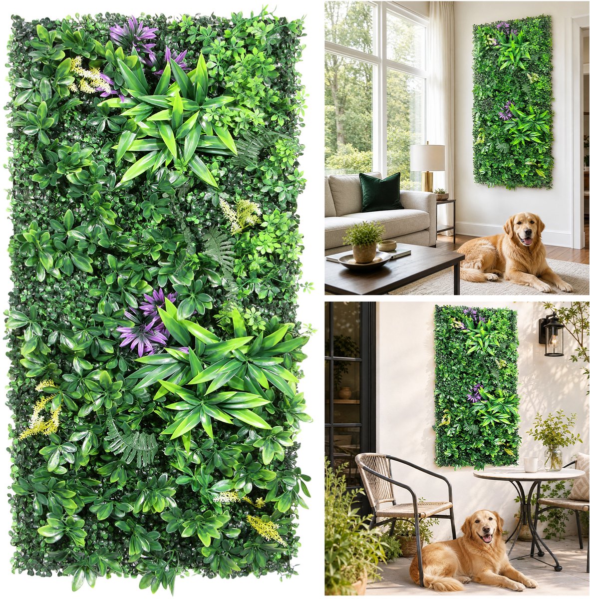 Lemonbest Kunstplantenwand 50 x 100 cm - Kunsthaag Wandpaneel met Paarse Bloemaccenten - Verticale Tuin voor Tuin Balkon Schutting - Groen Paars