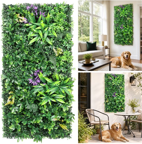 Lemonbest Mur de plantes artificielles 50 x 100 cm - Panneau mural de haie artificielle avec accents de fleurs violettes - Jardin vertical pour jardin, balcon, clôture - Vert Violet