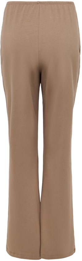 Achterkant van een bruine zwangerschapsbroek met hoge taille en uitlopende pijpen.