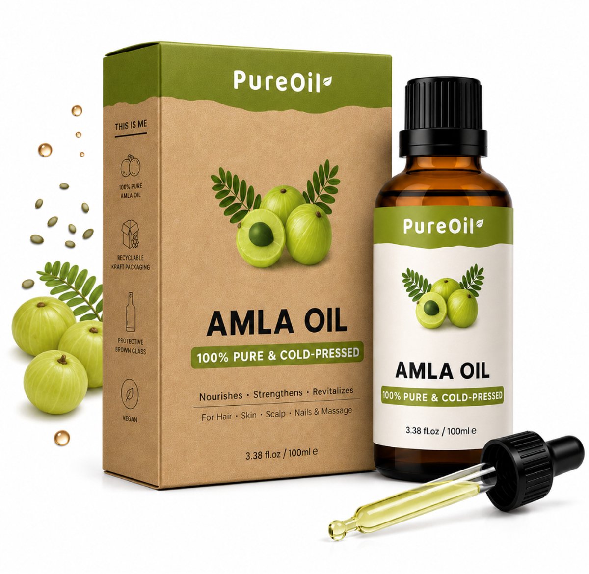 PureOil – Amla Oil – 100ml – Koudgeperst & Hexaanvrij – 100% Puur, Natuurlijk & Vegan – Amla Olie Voor Haar | Huid | Gezicht | Scalp | Wimpers | Wenkbrauwen | Nagels | Massage - Haarolie - Incl. Ebook