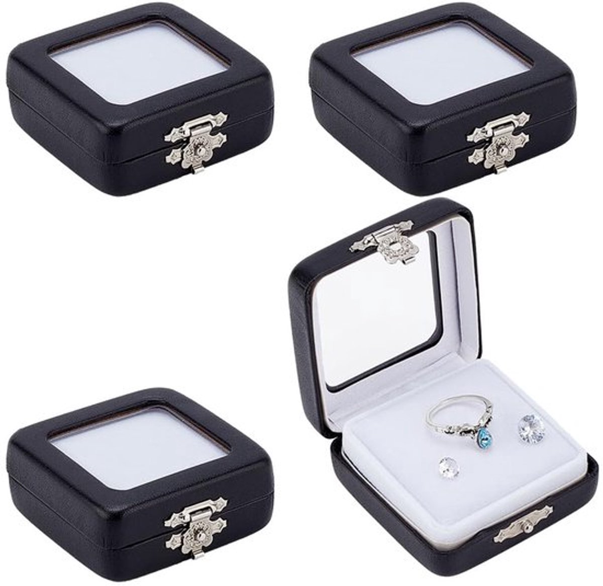 Dailygoods- Sieradenbox 4 stuks - PU Leer - Transparante venster - Zwarte