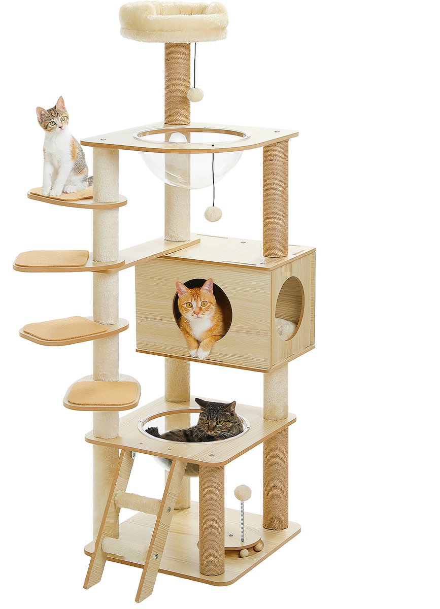 QUESTYR - Krabpaal - 150 CM - Voor Alle Katten - Multi‑Level Houten Kattenboom - Stevige Constructie - Hangmat