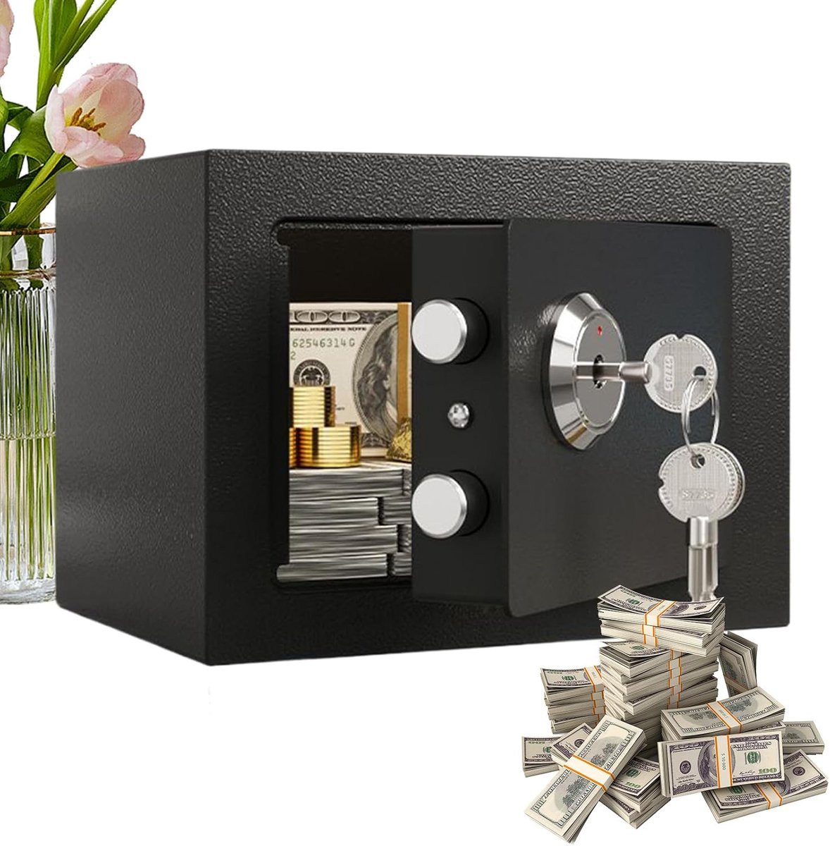 Veiligheidskluis - Stalen opbergbox - Waardevolle spullen bewaren - Mechanisch tandwielslot - 23x23x23 cm - Zwart