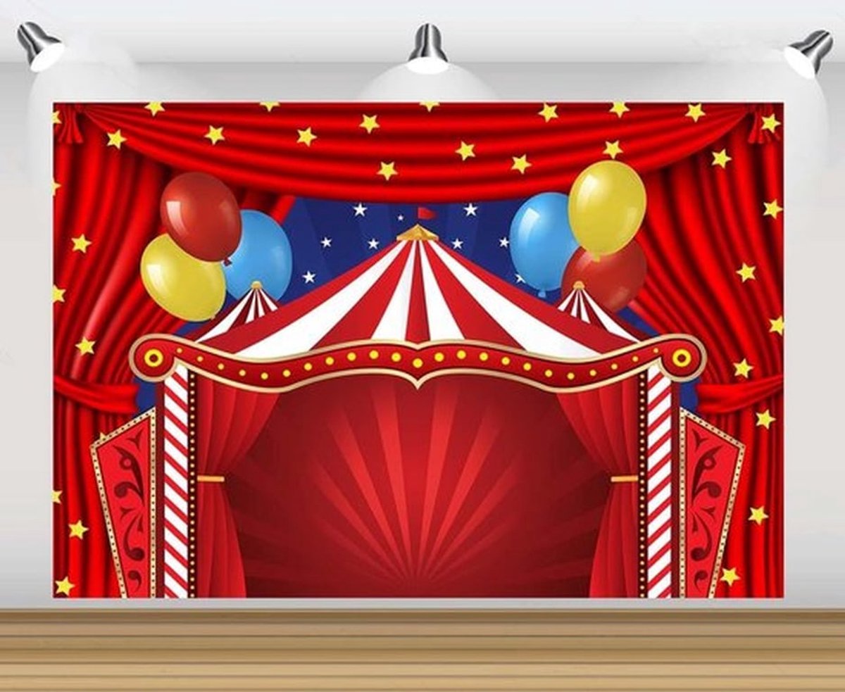 Achtergrond Circus Rood Tent Carrousel Sterren Ballonnen Thema Feest Baby Shower Verjaardag Fotografie Achtergrond 5x0.9m