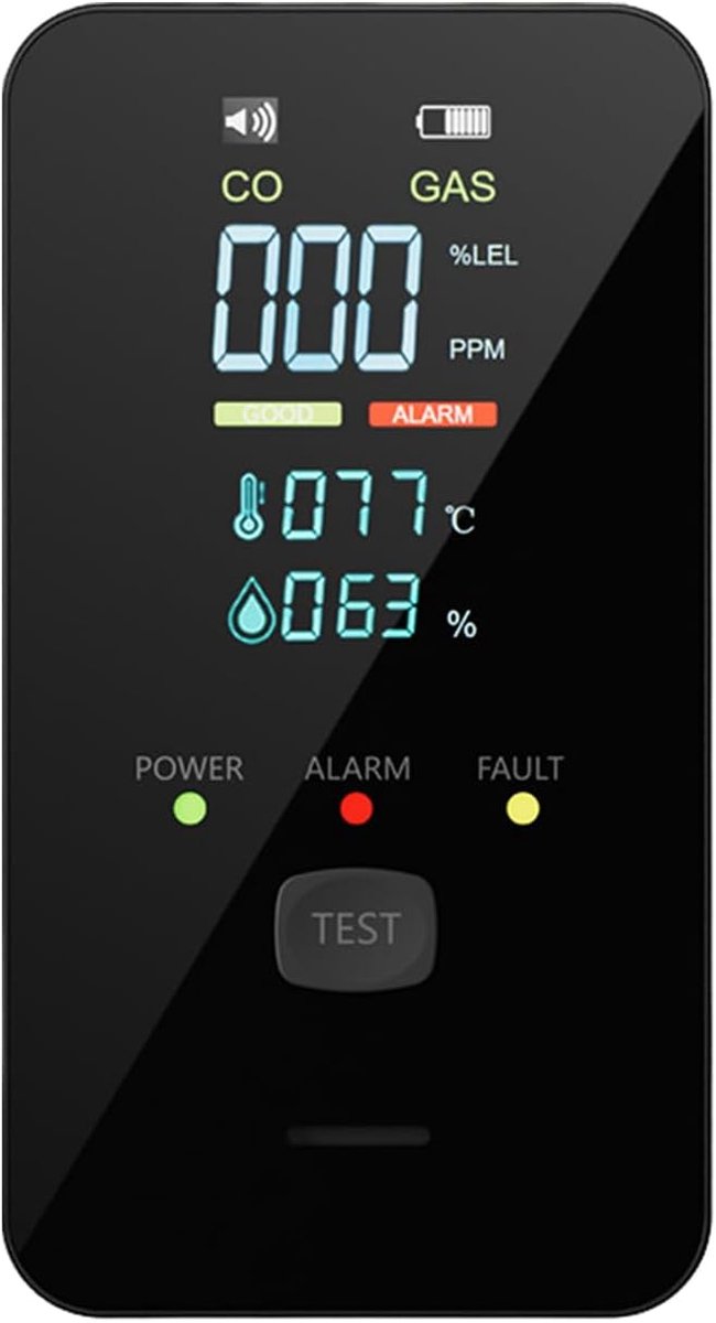Koolmonoxidemelder - Gasdetector CO meter - Veiligheid huis - 4-in-1 Digitale Monitor - 65 x 112 x 65 cm - Zwart
