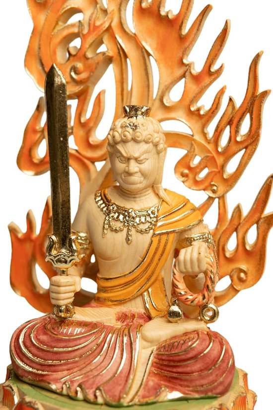 Houten Boeddha Beeld - Acala Fudo Myoo - Spirituele Bescherming - Handgemaakt Met Kleur - Eén maat - Wit van houten — afbeelding 4