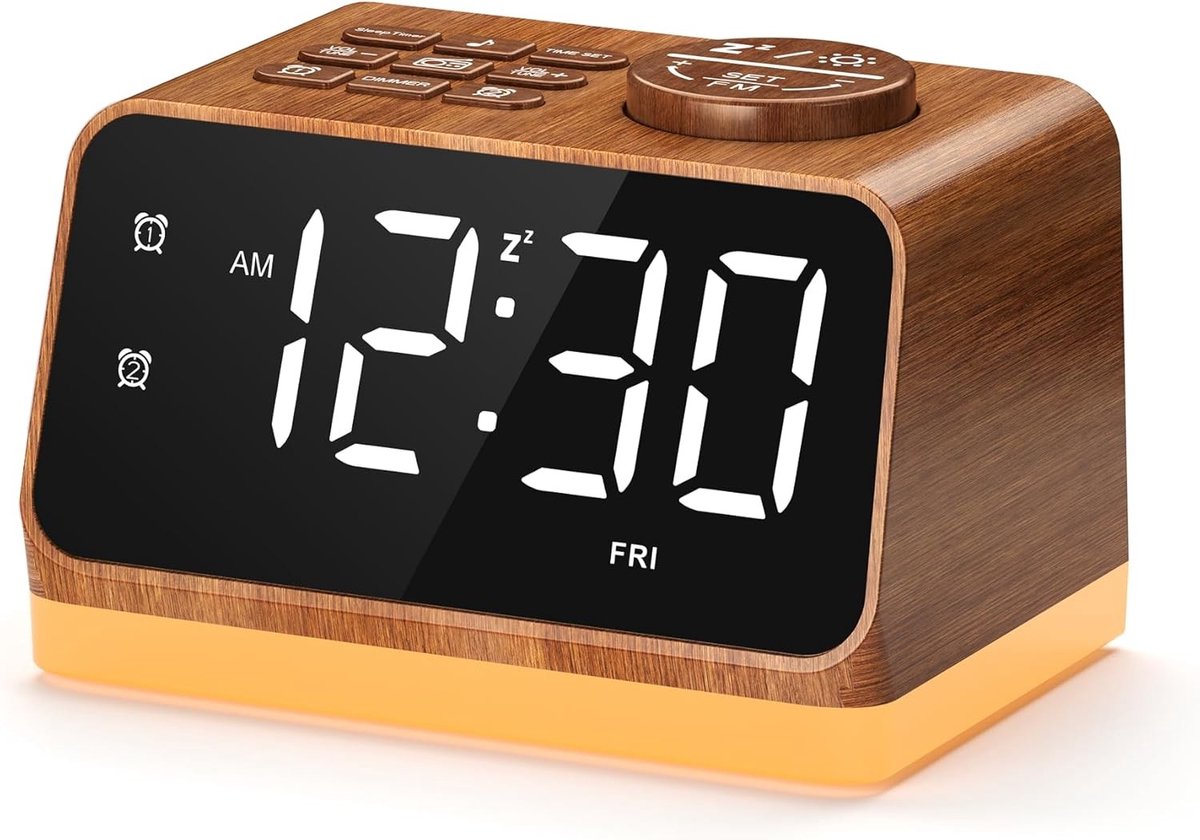 Digitale Wekker - Houtlook - FM-Radio - 25 Rustgevende Geluiden - Voor Slaapkamer