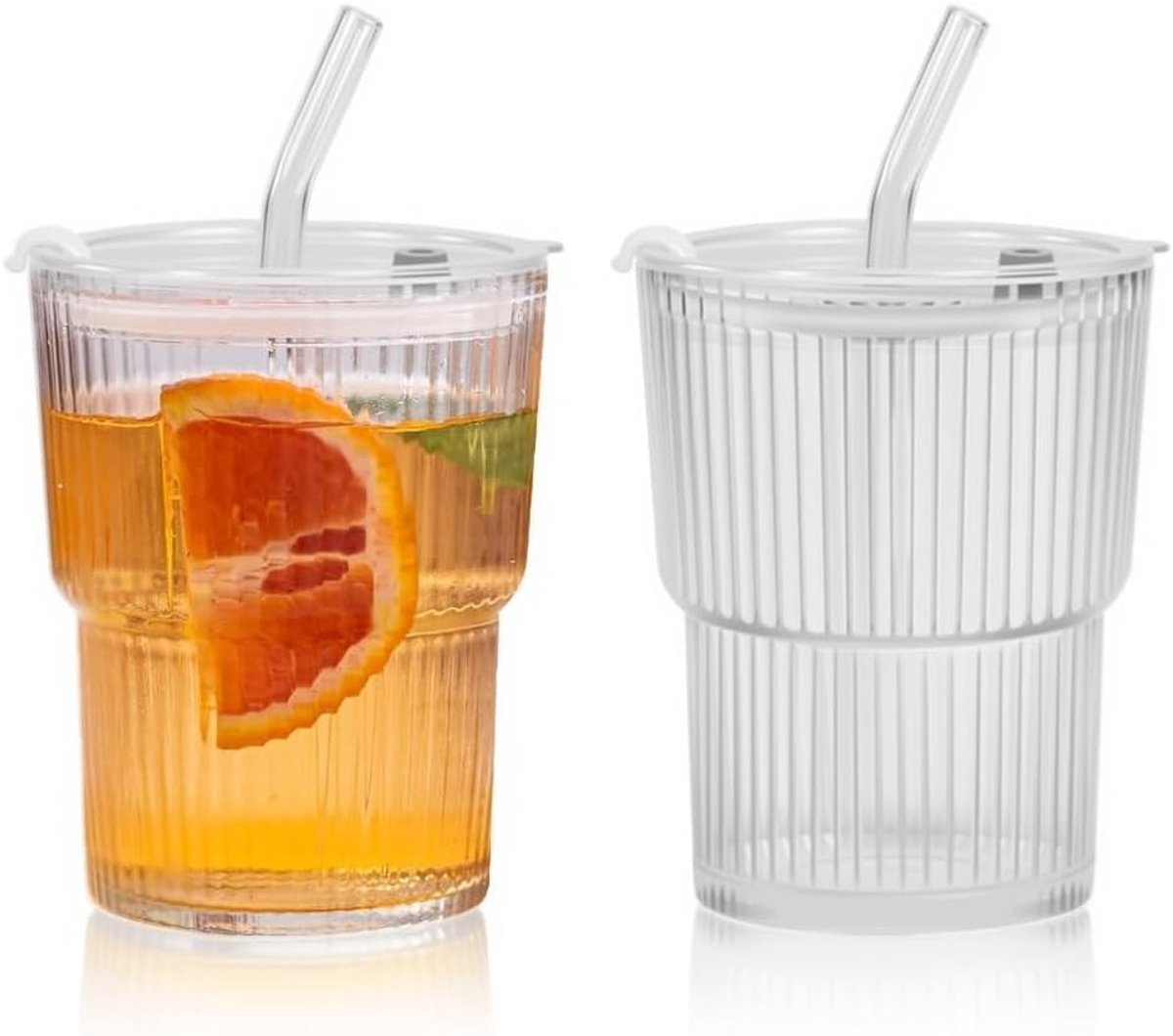 Glazen Drinkbeker Set - Geribbeld Glas - Luchtdicht met Rietje - Vaatwasserbestendig - Voor Koffie en Smoothies