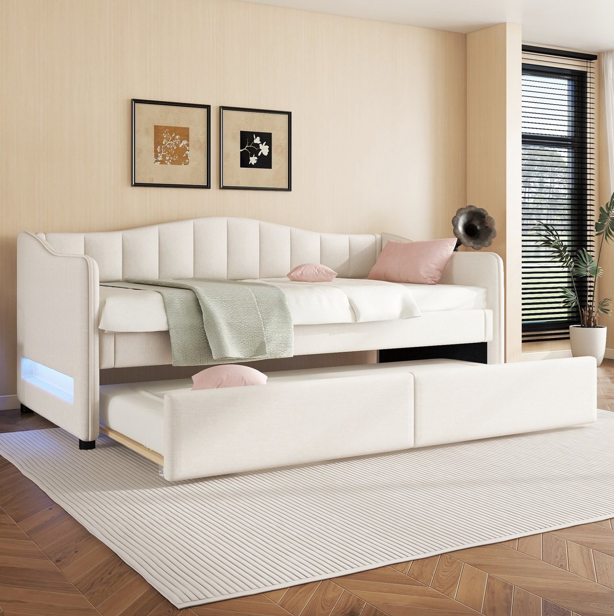 MEUNIQ Dagbed 90x200 cm met uitschuifbaar bed, LED-verlichting en stoffen bekleding, eenpersoons bedbank zonder matras voor slaapkamer of logeerkamer, beige