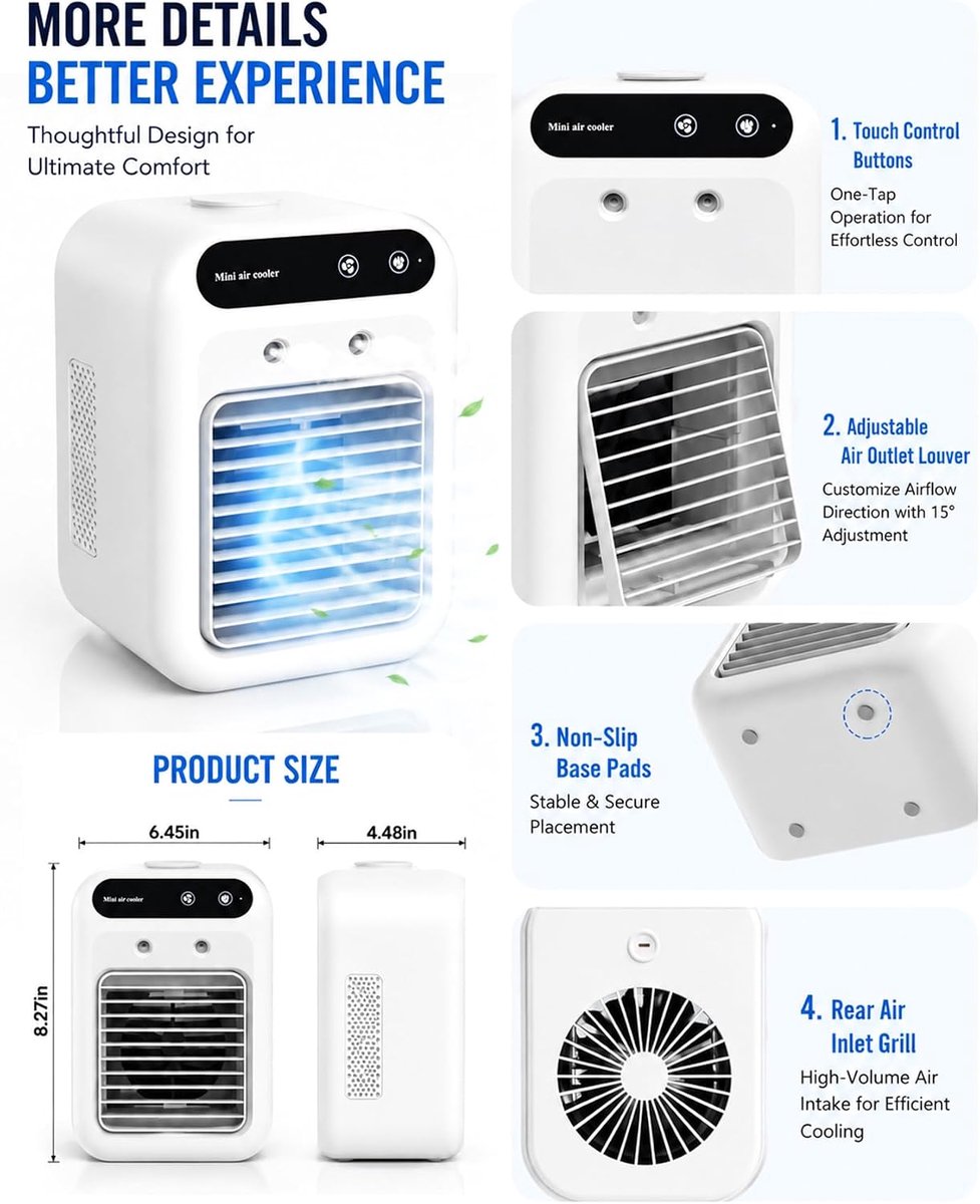 Luchtkoeler - Draagbare airconditioner - Draagbare koelventilator - Stille mobiele airco met 500mL watertank - Zonder Afvoerslang - Voor kamer slaapkamer kantoor – foto 2
