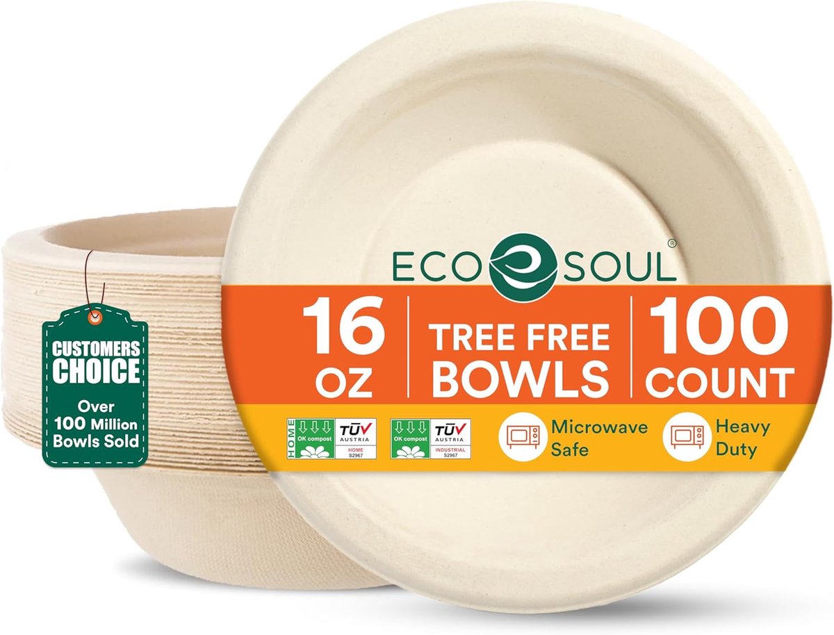 Composteerbare Bowls - Suikerriet vezel - Feest en Catering - Magnetron en Ovenbestendig - 16 oz 100 stuks - Natuurlijk