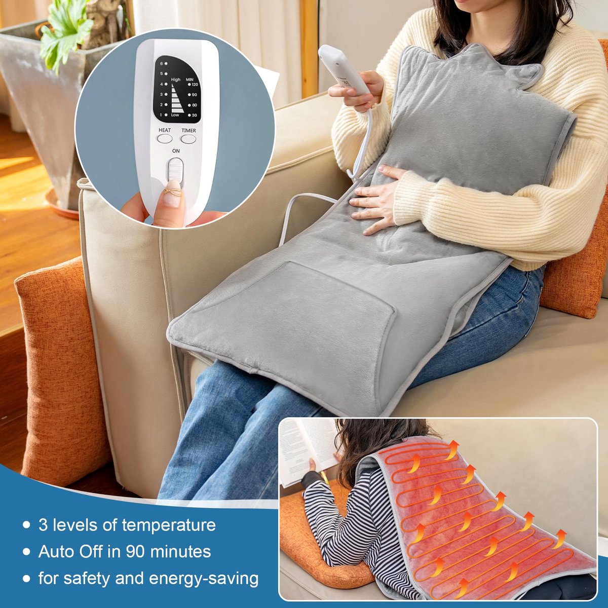 SnelShoppen - Elektrisch Verwarmingskussen voor Rug, Schouder en Nek - 6 Warmtestanden - Voor- en Achterverwarming - Comfortabele Rugwarmer - Ideaal v
