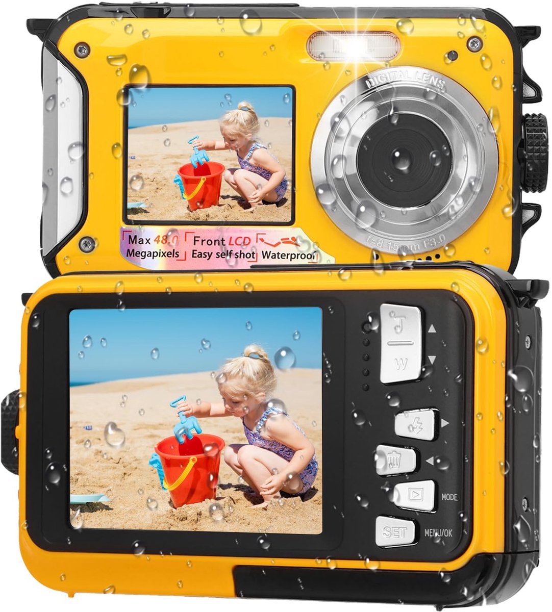 SnelShoppen - Onderwatercamera 11FT Waterdicht, Full HD 2,7K 48MP Autofocus Selfie Camera met Dubbel Scherm en Drijvende Riem - Perfect voor Snorkelen
