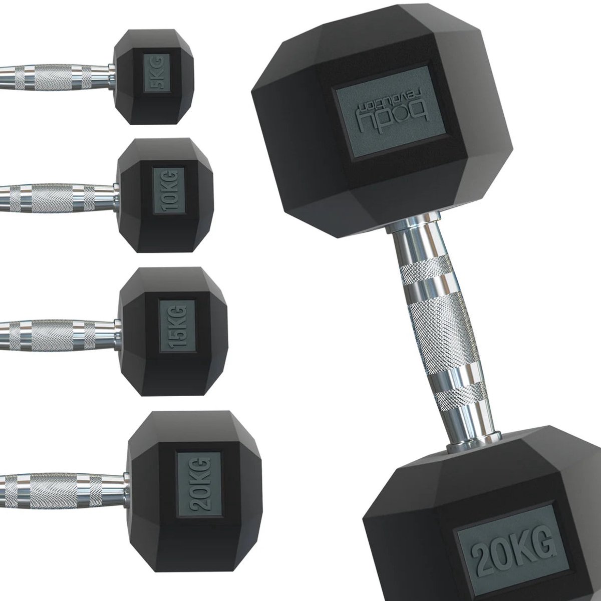 Hex halter gewichten - zwart - 2x30 kg - rubbercoating