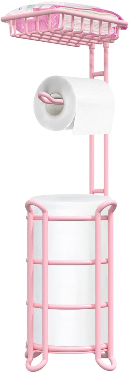 SnelShoppen - Roze Vrijstaande Toiletrolhouder - Vloerstaande Roldispenser met Opbergruimte voor 4 Reserve Mega-Rollen, Telefoon en Doekjes - Stijlvol