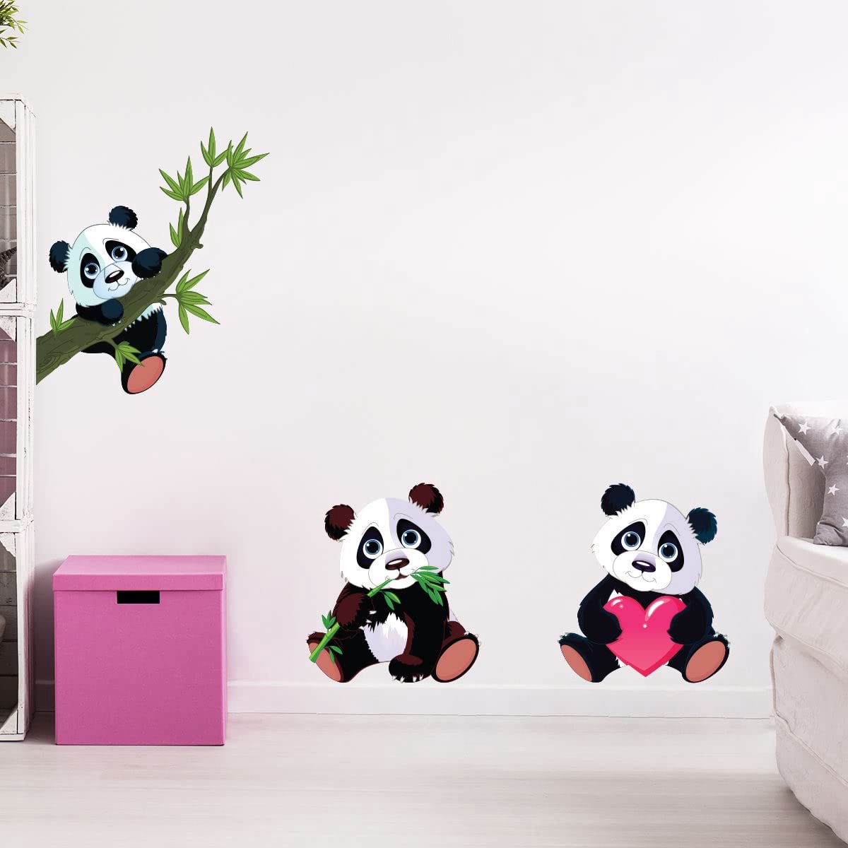 SnelShoppen - Muursticker Kinderen Decoratie Babykamer Panda's Set van 3 Stickers (H45 x 40 cm) voor Kinderkamer en Speelkamer