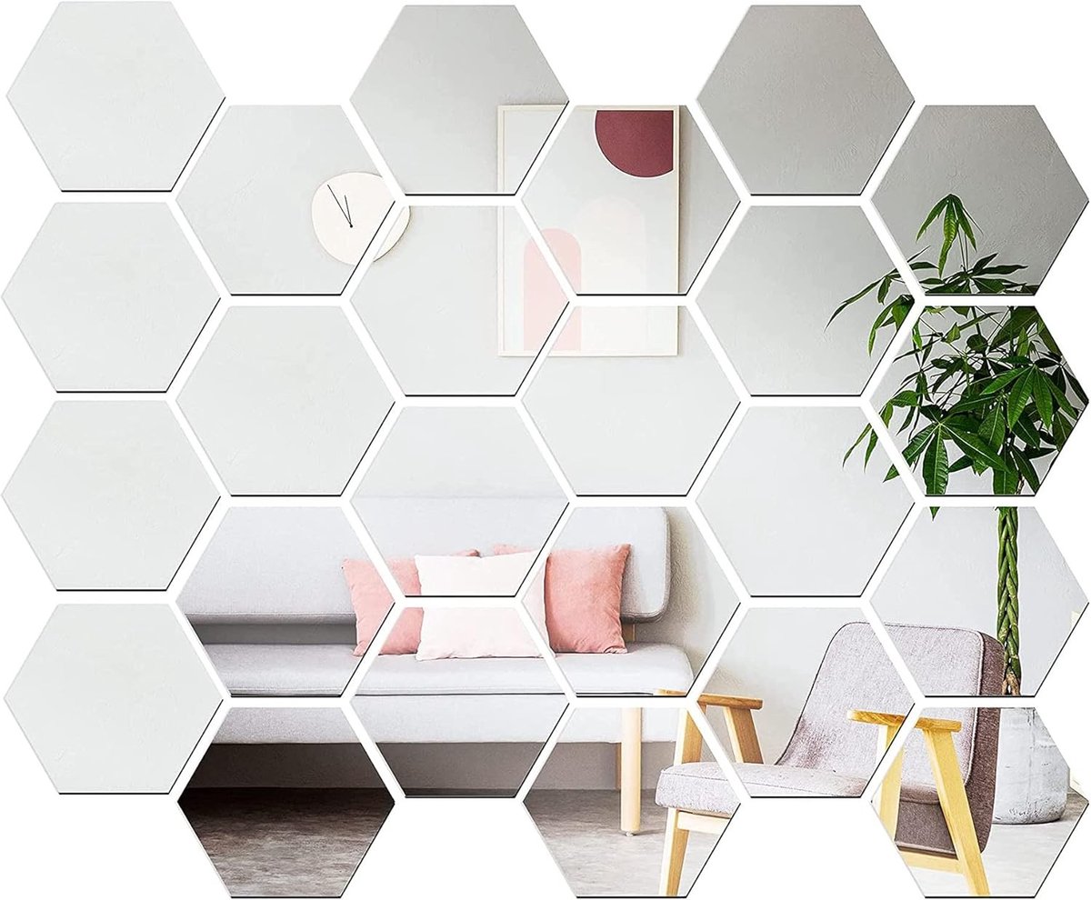 Hexagon Spiegel Tegels Wandstickers Set van 24, Decoratieve Wandspiegels voor Woonkamer, S