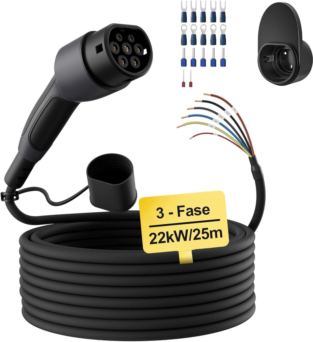SnelShoppen - Type 2 Oplaadkabel Open Eind 22kW [3-fase|25m|32A] Vervangkabel voor Laadstation/Wandbox - Flexibele Lengtes