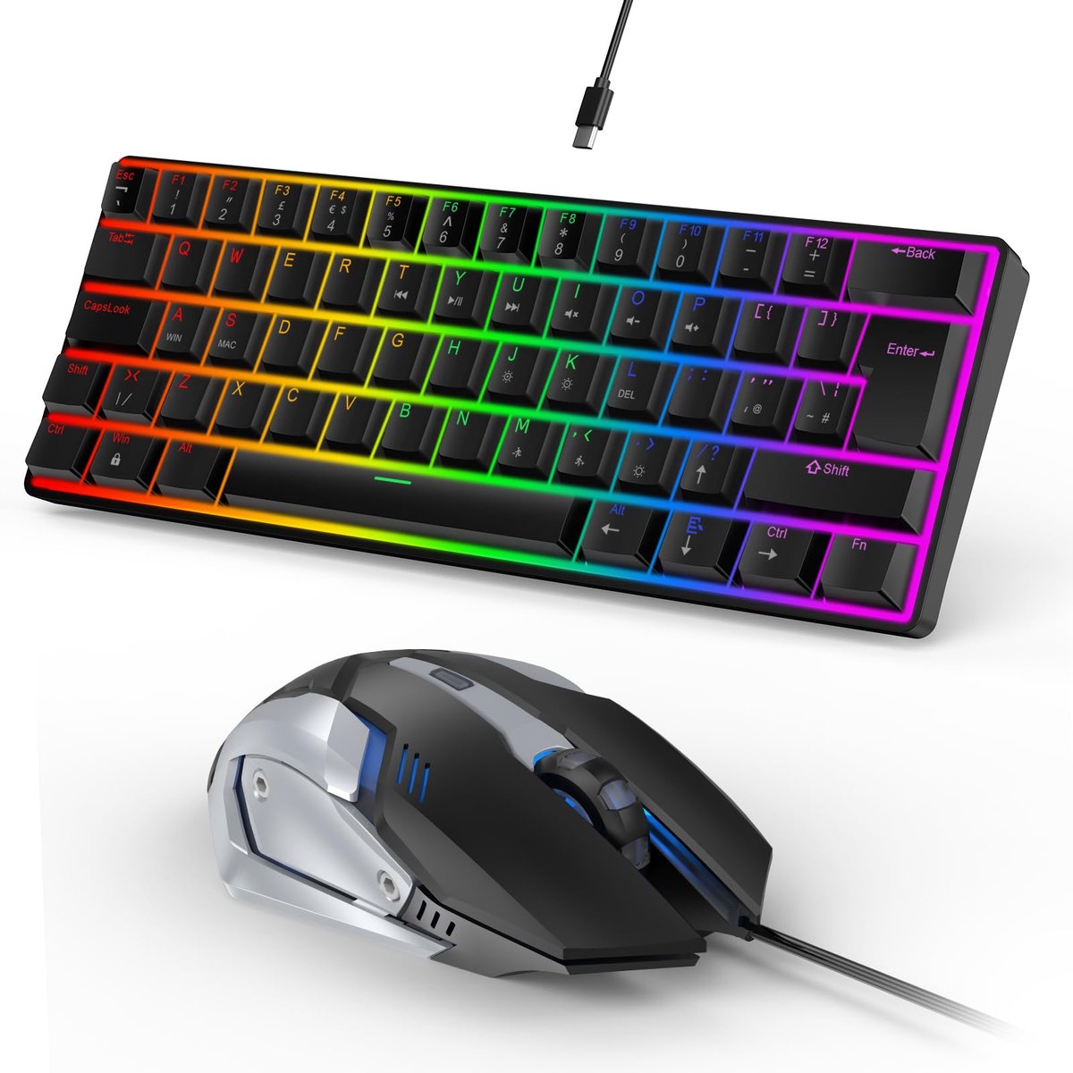 SnelShoppen - Gaming Toetsenbord en Muis Combo, 61 Toetsen Compact Mechanisch Gevoel Mini Toetsenbord en Muis Set met RGB-Backlit, Draagbare Bedrade G