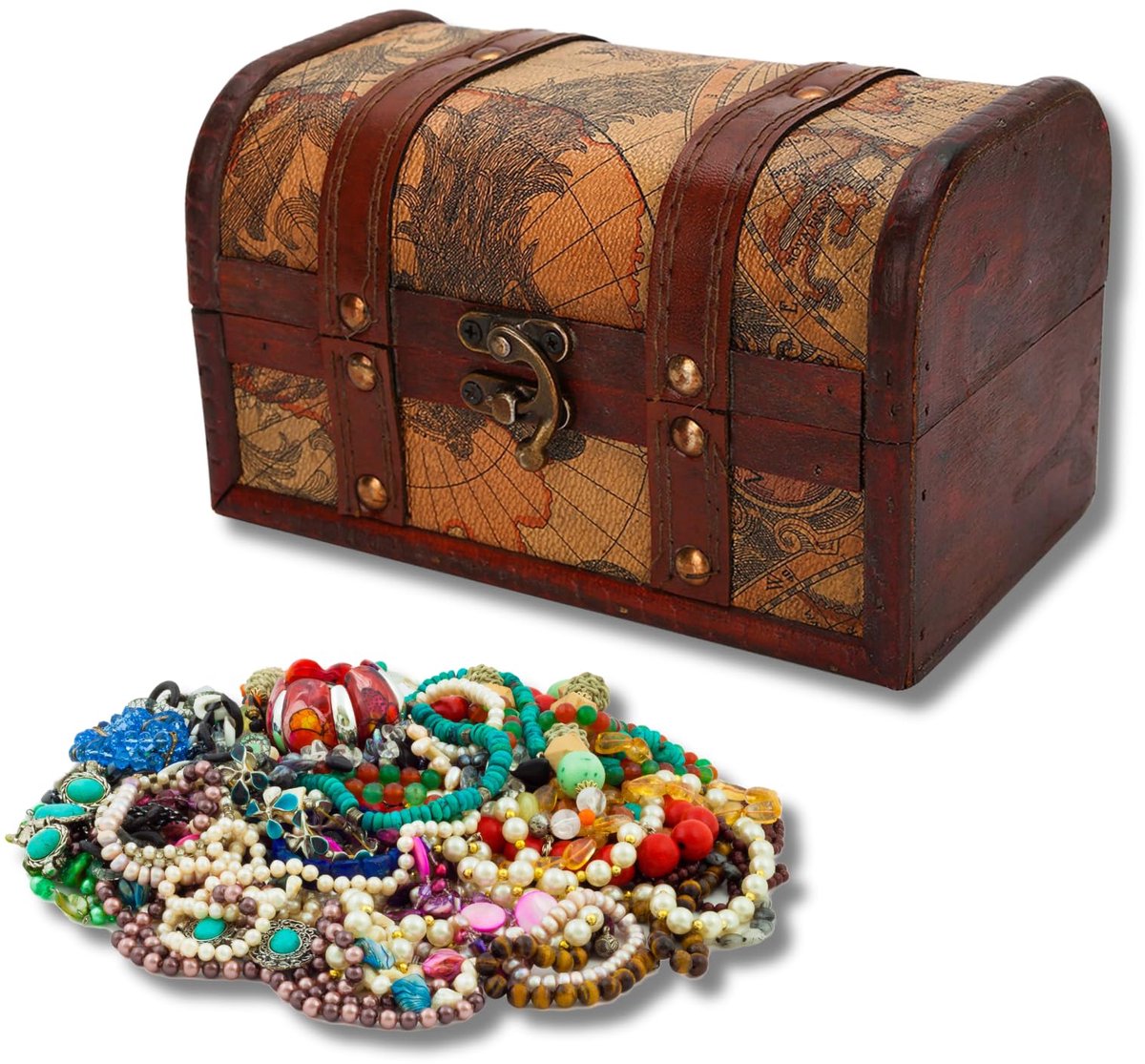 SnelShoppen - Vintage Houten Opbergdoos Piratenkist 18 x 10 x 10 cm Met Hangslot Voor Sieraden, Speelgoed, Decoratie En Schatkist Voor Kinderen