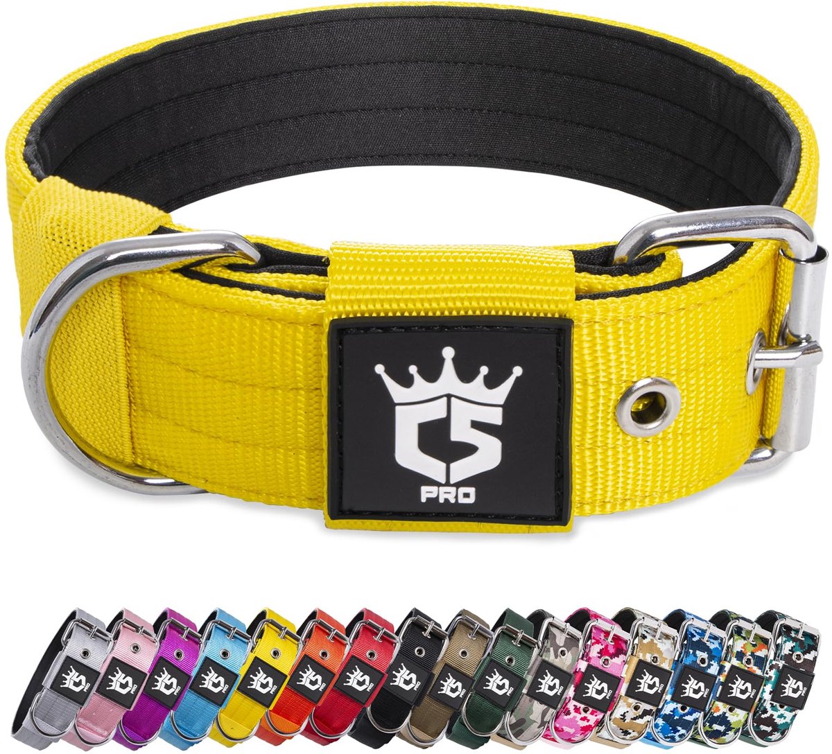 SnelShoppen - Tactische Hondenhalsband Geel L - Dikke Verstelbare Basishalsband voor Honden met Metalen Gesp - Geschikt voor Honden met een Nekomvang