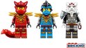 Drie Lego Ninjago-figuren: een rode draak, een blauwe met gouden harnas en een grijze met wit drakengezicht.