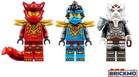 Drie Lego Ninjago-figuren: een rode draak, een blauwe met gouden harnas en een grijze met wit drakengezicht.