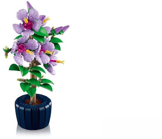 Paarse LEGO hibiscussen in een donkerblauwe pot.