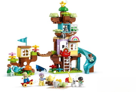 LEGO Duplo 3-in-1 boomhut speelgoedset met glijbaan, figuren en diertjes.